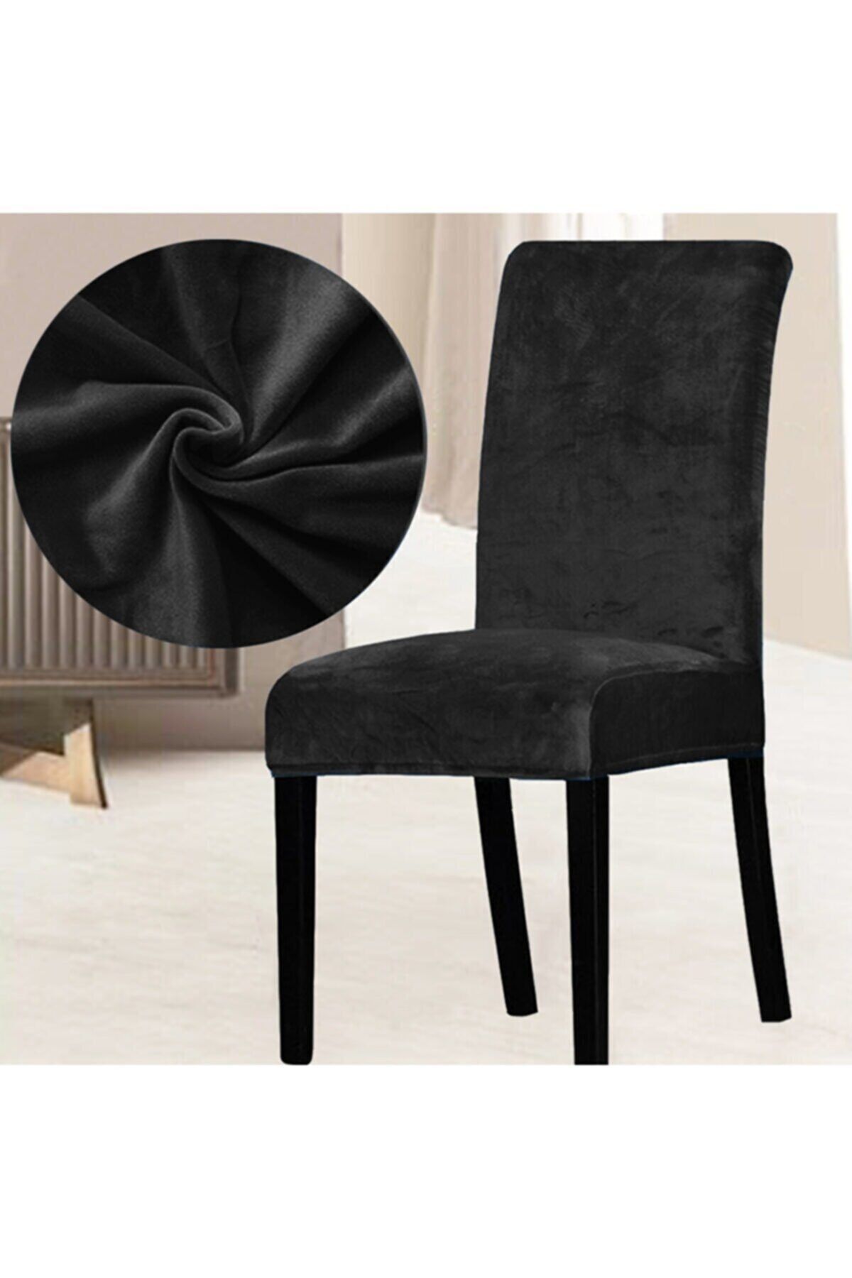 elgeyar Ipek Kadife Sandalye Kılıfı,sandalye Örtüsü, Lastıkli, Standart 1 Adet Siyah Renk