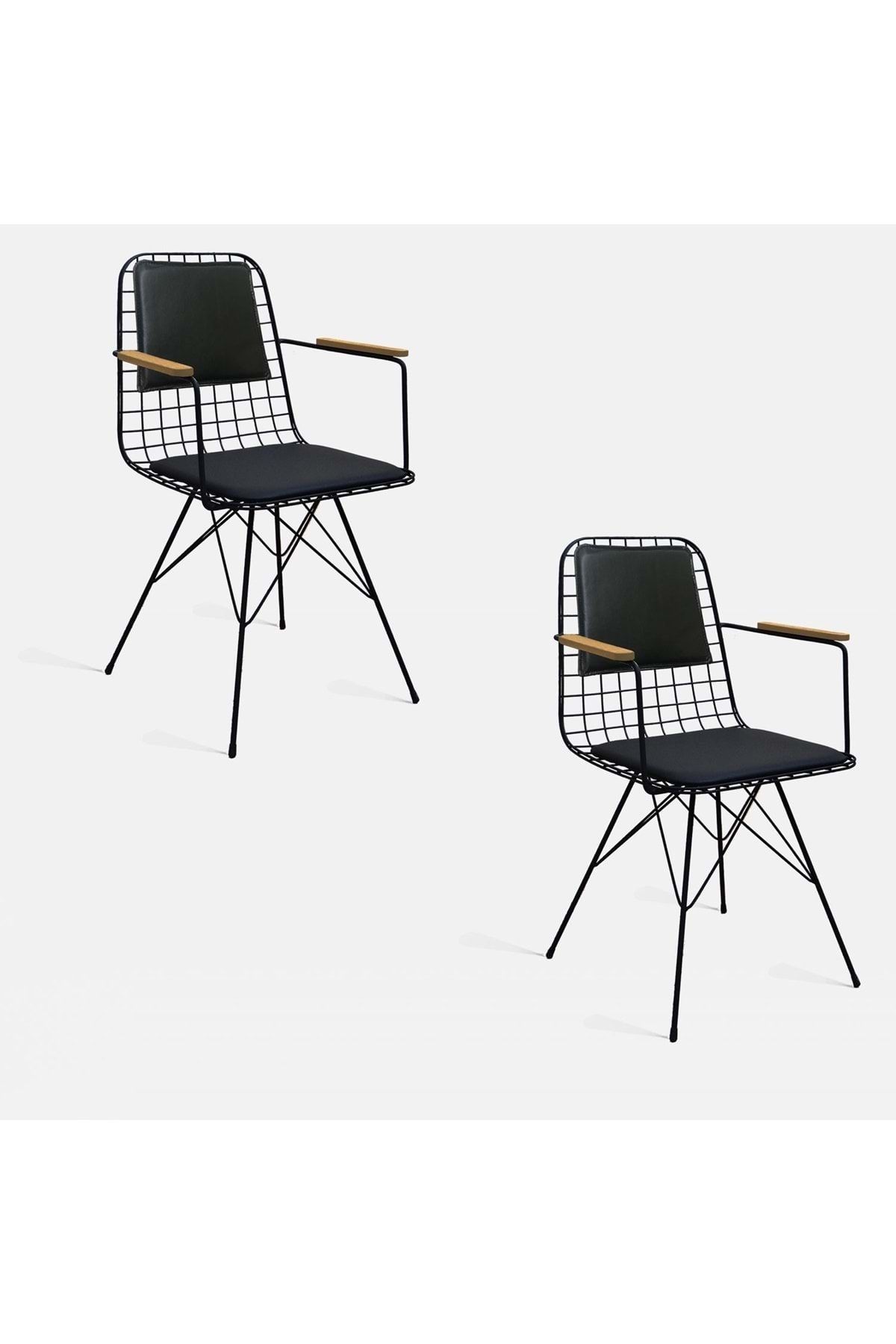 Theia Tasarım Kolçaklı Ve Sırt Minderli Tel Sandalye Siyah 2li Set
