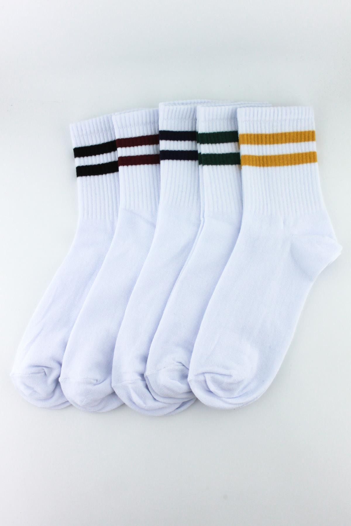 Trick or Treat Beyaz, 5'li Paket Farklı Çizgilerde Beyaz Yarım Konç Erkek Kadın Unisex Çorap