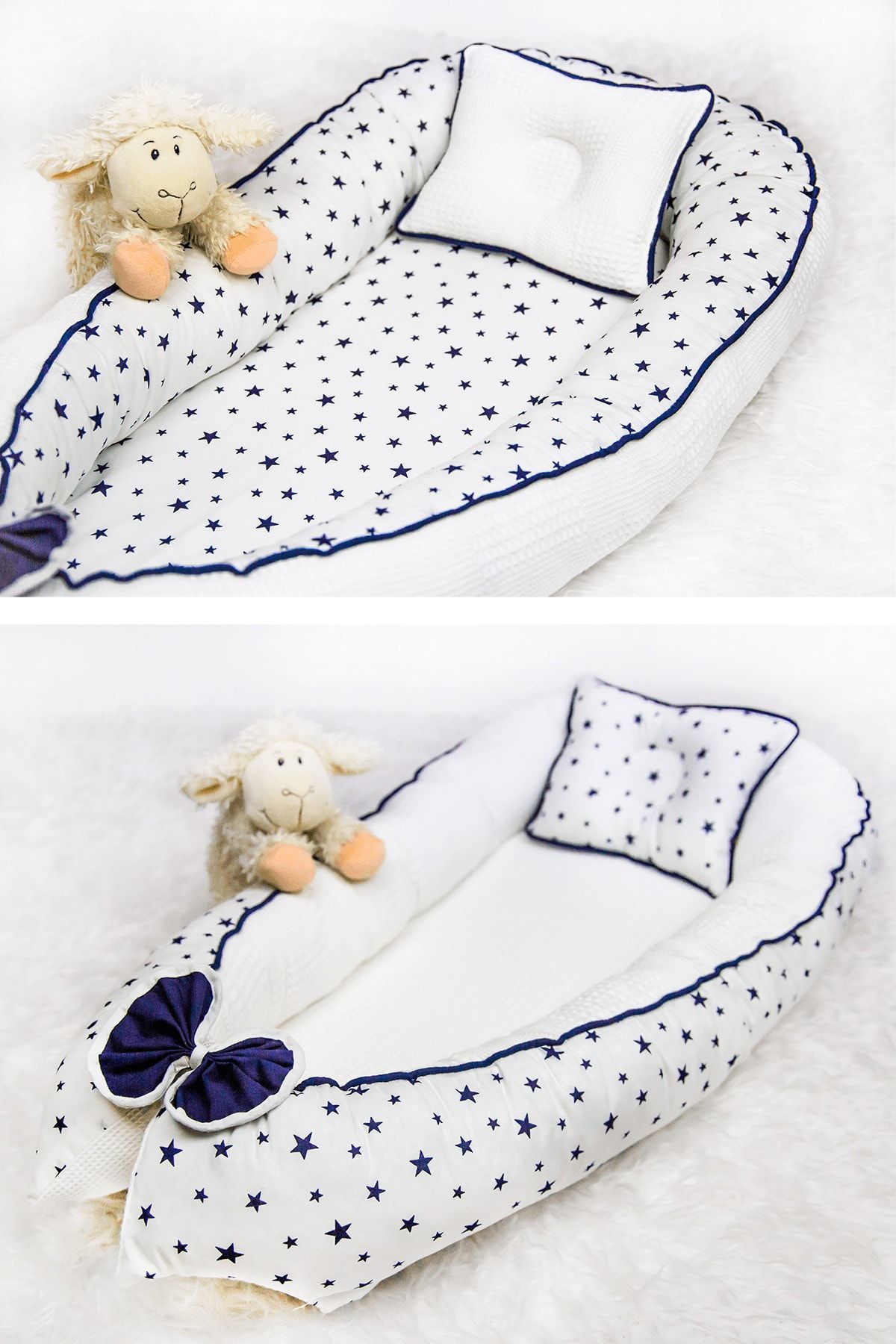 Babynest Yatak - Ortopedik Yastık Beyaz Pike Ve Pamuk Kumaş Lacivert Yıldız