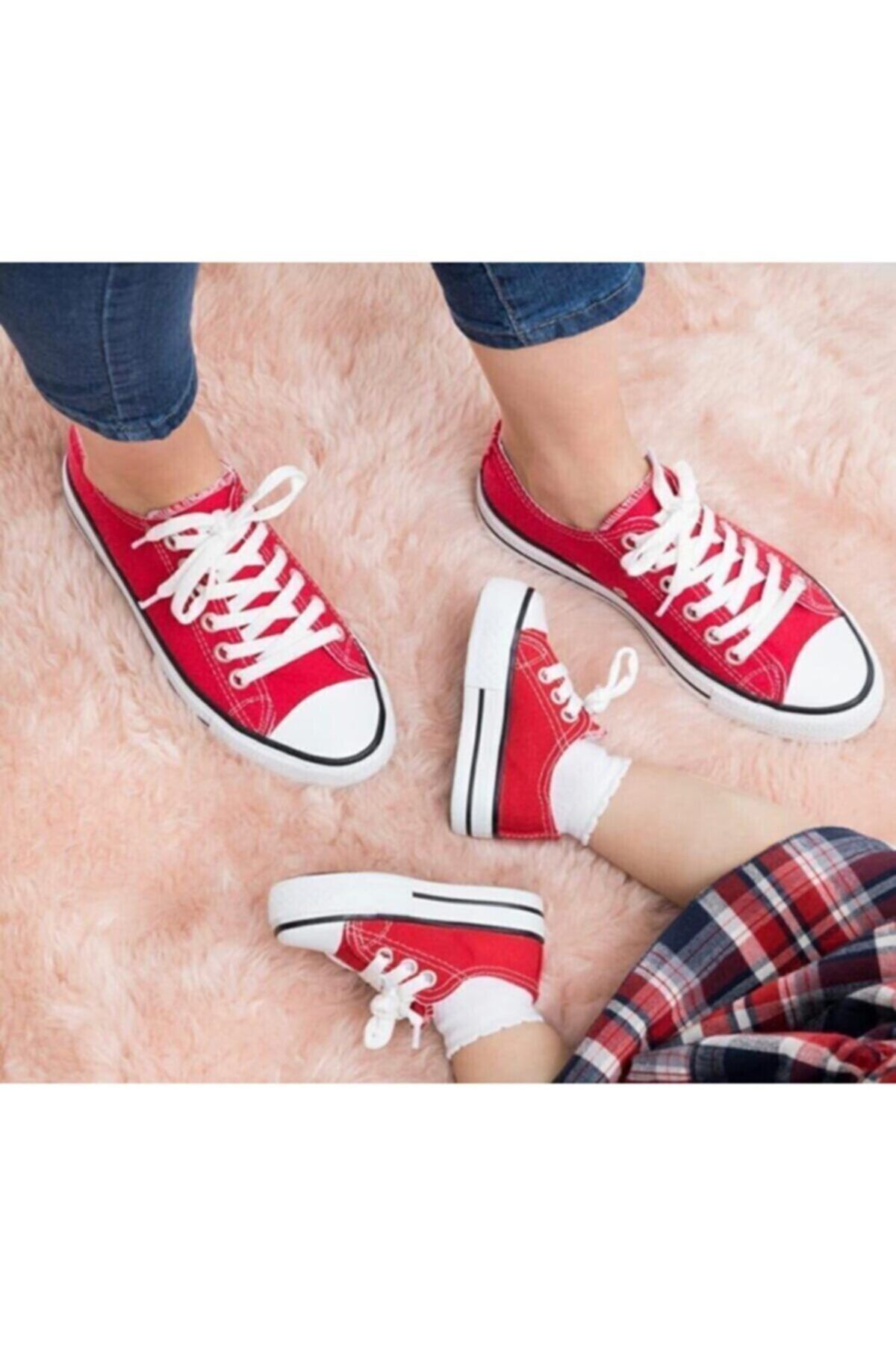 Pembe Potin Unisex Kırmızı Sneaker Keten Spor Ayakkabı Anne Baba Çoçuk Takım