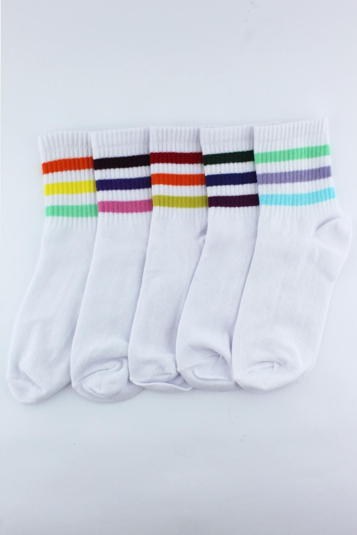Trick or Treat Renkli 5'li Paket Farklı Renklerde 3 Çizgili Yarım Konç Kadın Beyaz Çorap