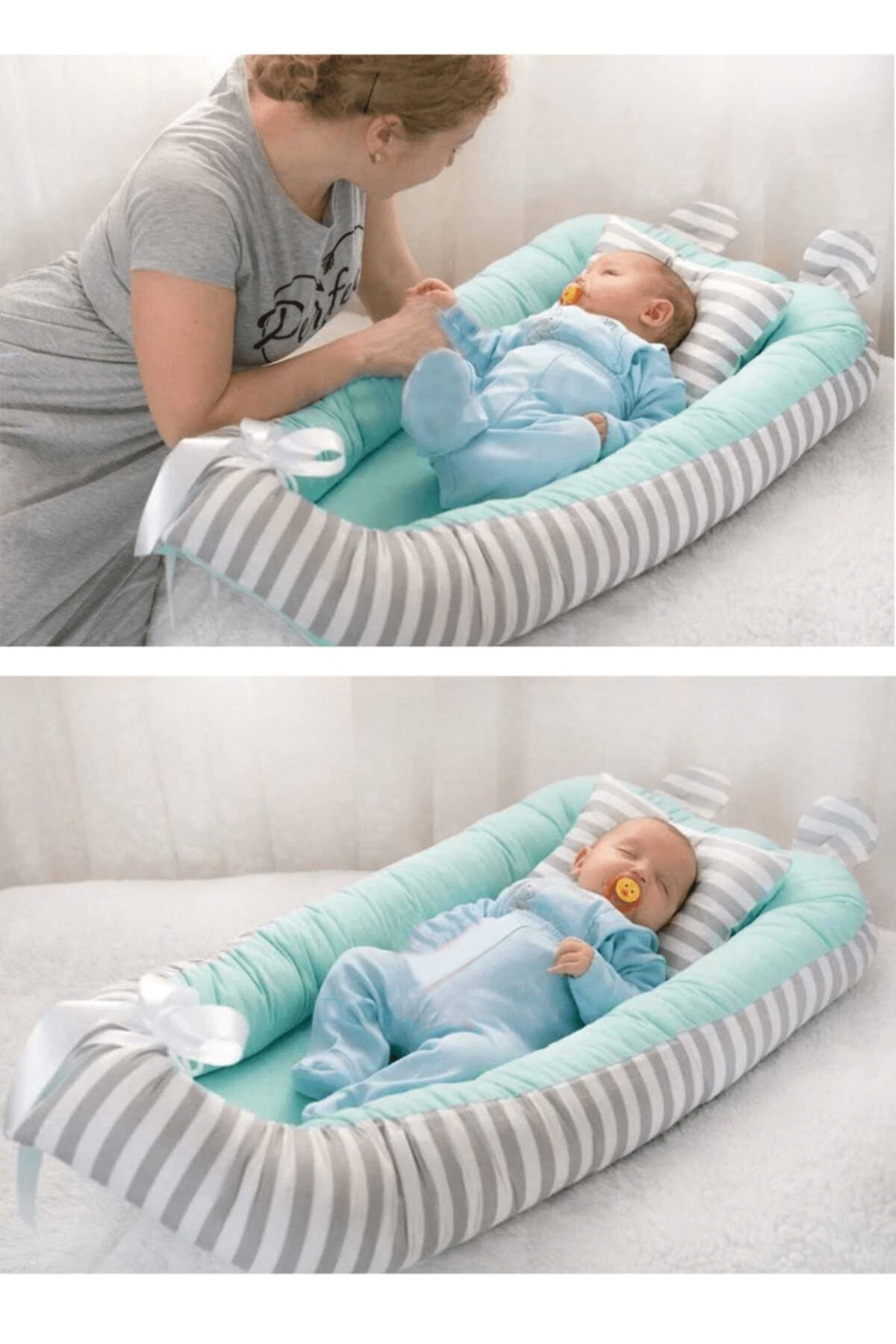 Babynest Yatak Ve Ortopedik Yastık Mint Ve Gri Çizgili Model