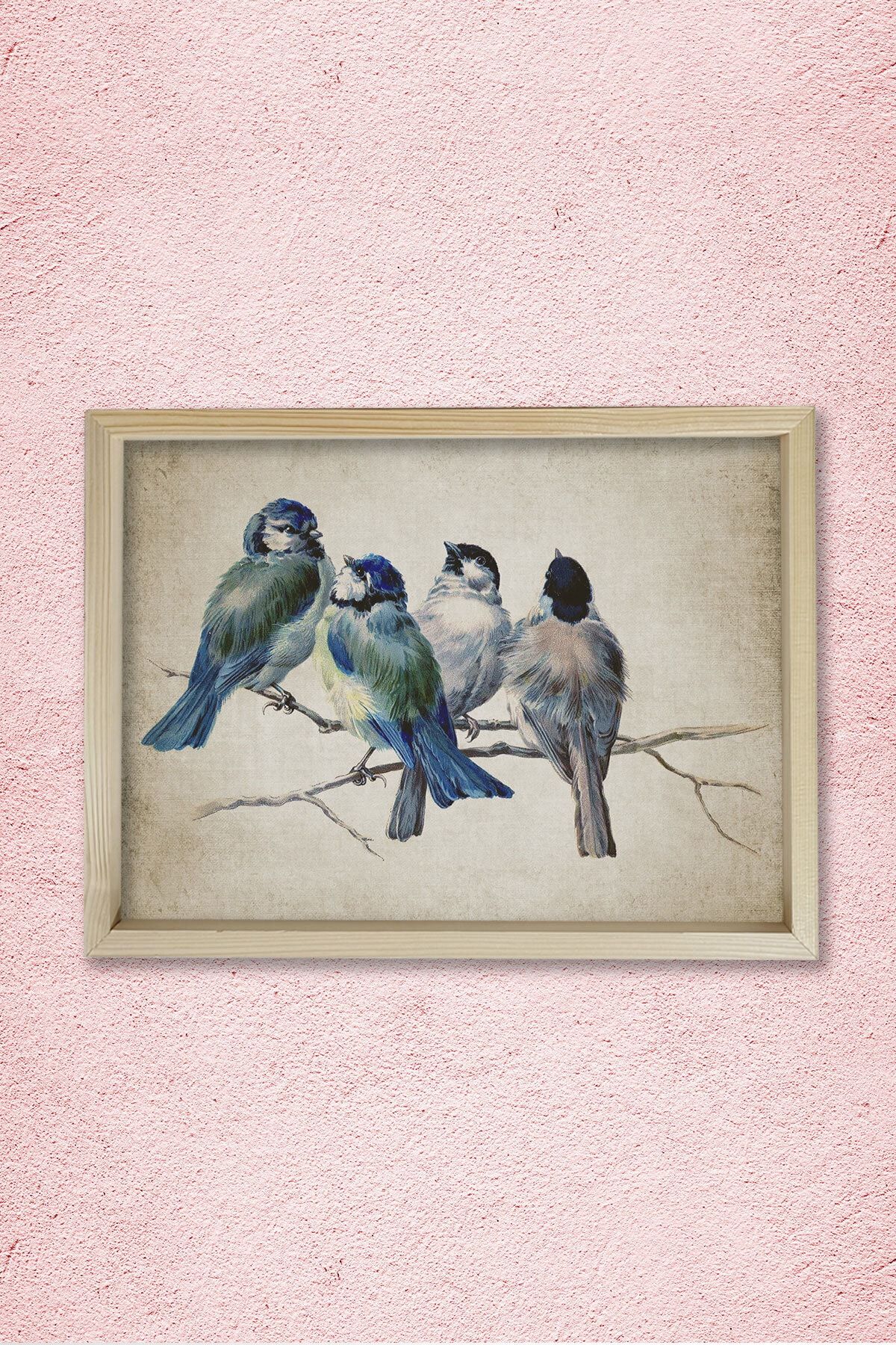 Dekor Loft Doğal Çam Çerçeveli Duvar Tablosu Antik Mavi Kuşlar