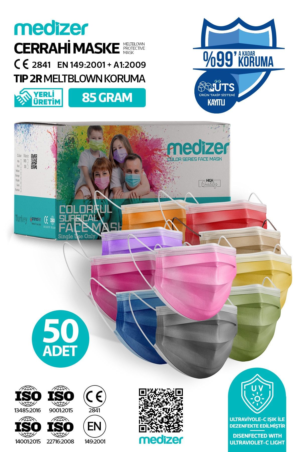 Medizer Color Serisi Meltblown Burun Telli 3 Katlı Cerrahi Maske - 50 Adet 10 Farklı Renk