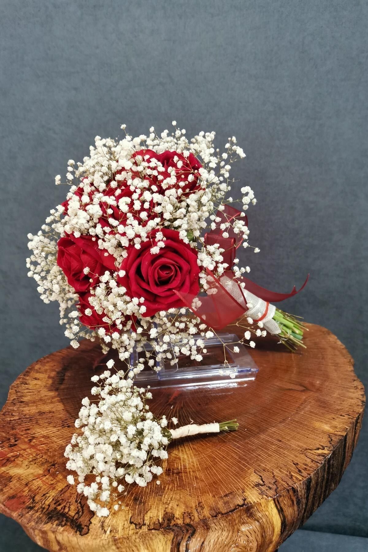Kuru Çiçek Deposu Gelin Buketi Kırmızı Islak Gül Ve Beyaz Cipsolu 2'li Set.gelin Çiçeği