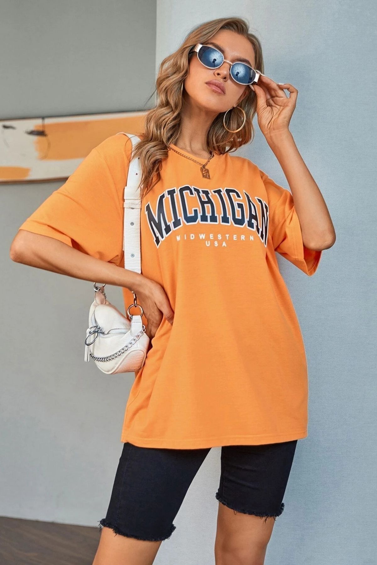 Teenage Millionaire Kadın Oranj Michigan Baskılı Oversize T-shirt