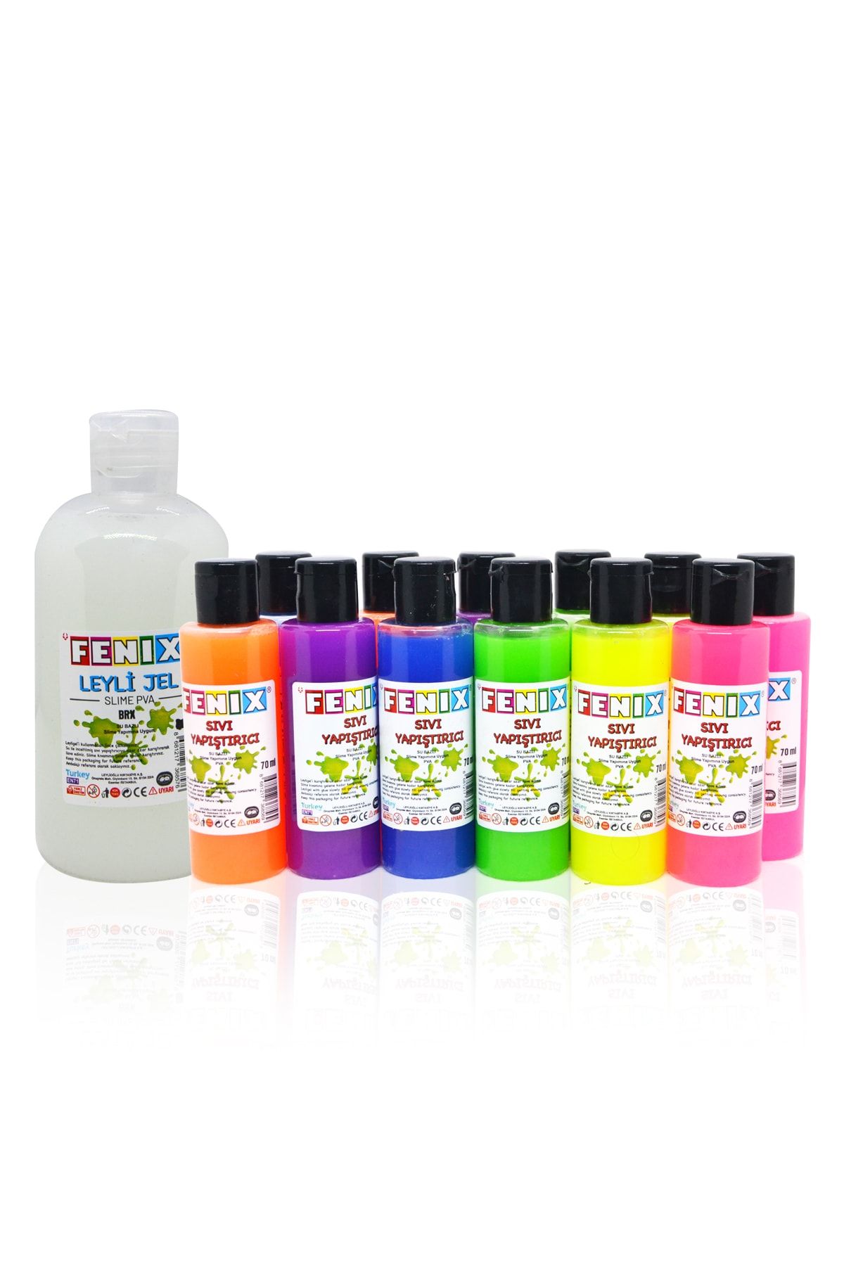 Kids Like 12 Renk 70mlx12 Slime Jeli Ve 250 Ml Sıvı Boraks - Ultra Slaym Yapım Seti