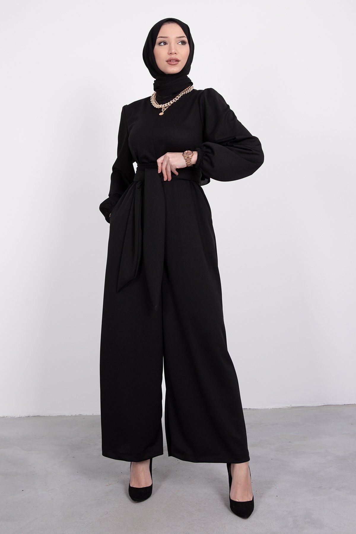 Lamia Giyim Geniş Kuşak Dolamalı Tesettür Tulum Siyah