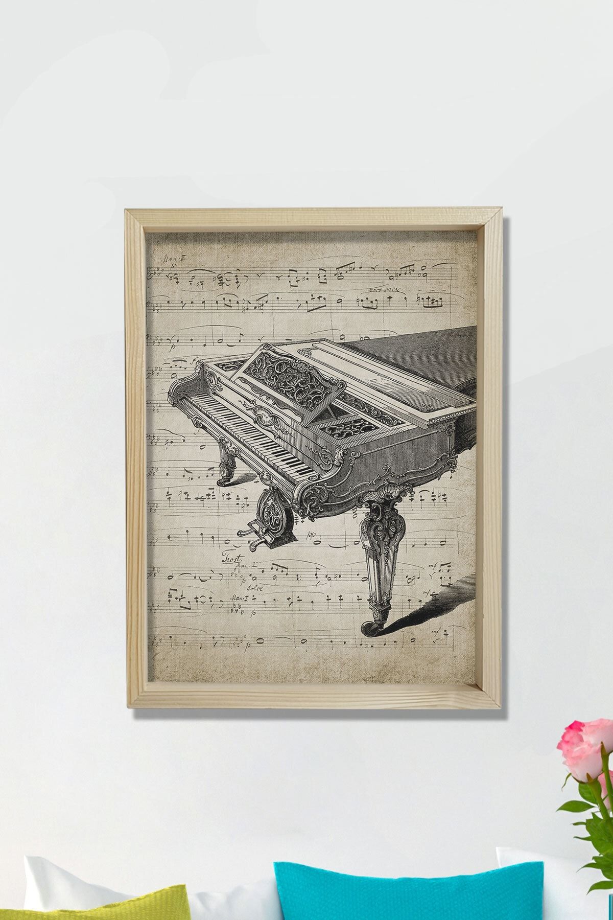 Dekor Loft Doğal Çam Müzik Odası Çerçeveli Duvar Tablosu Antik Kuyruklu Piyano Ve Notalar