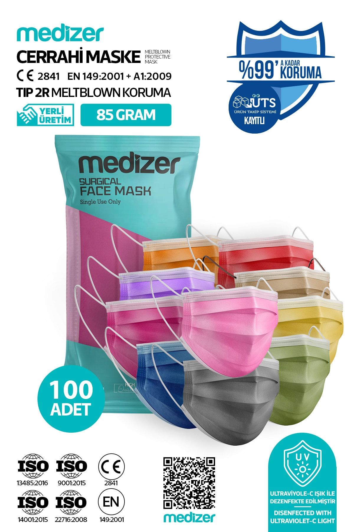 Medizer Color Serisi 10 Farklı Renk Meltblown 3 Katlı Cerrahi Burun Telli Maske - 10'lu 10 Kutu