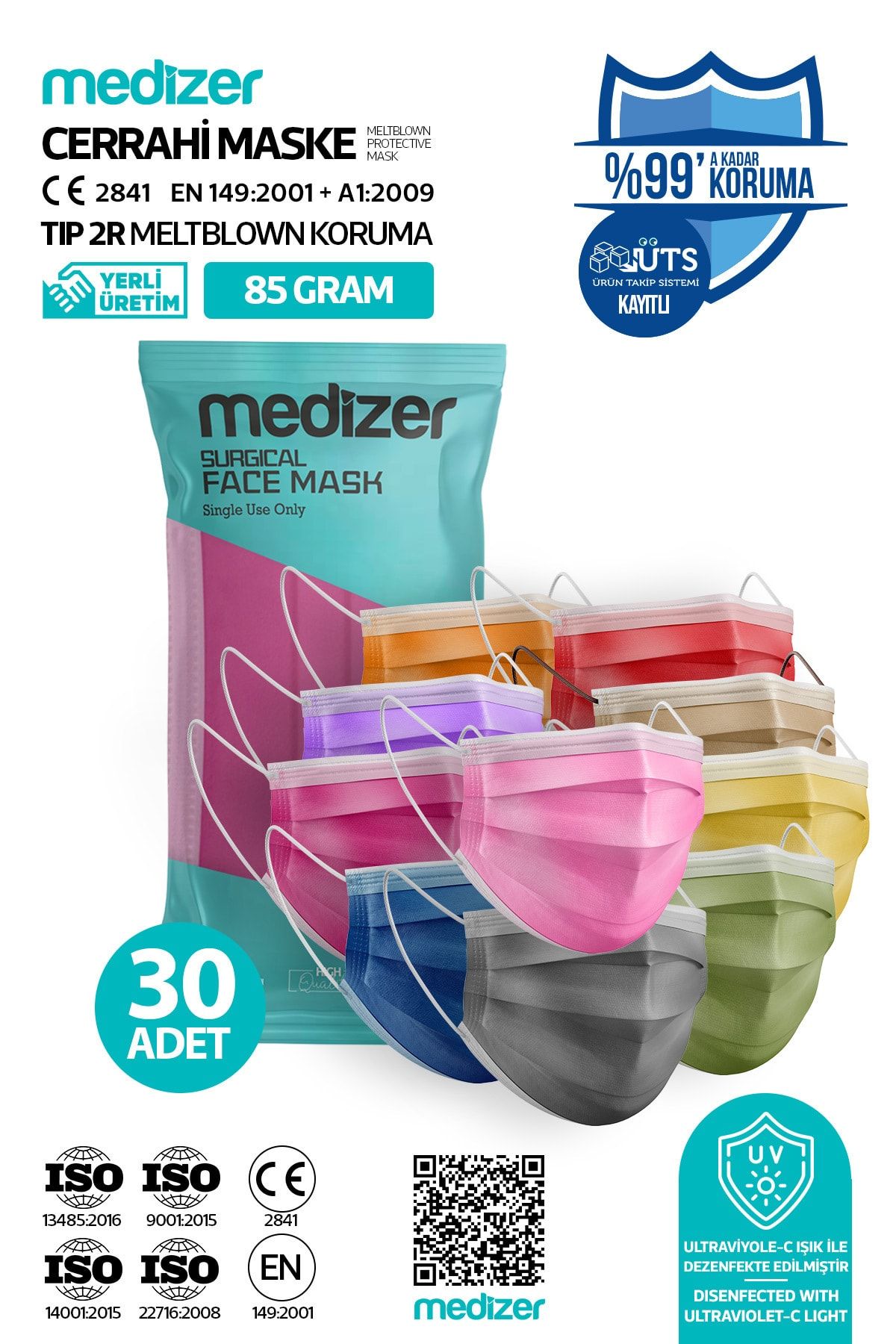 Medizer Color Serisi 10 Farklı Renk Meltblown 3 Katlı Cerrahi Maske Burun Telli - 10'lu 3 Kutu