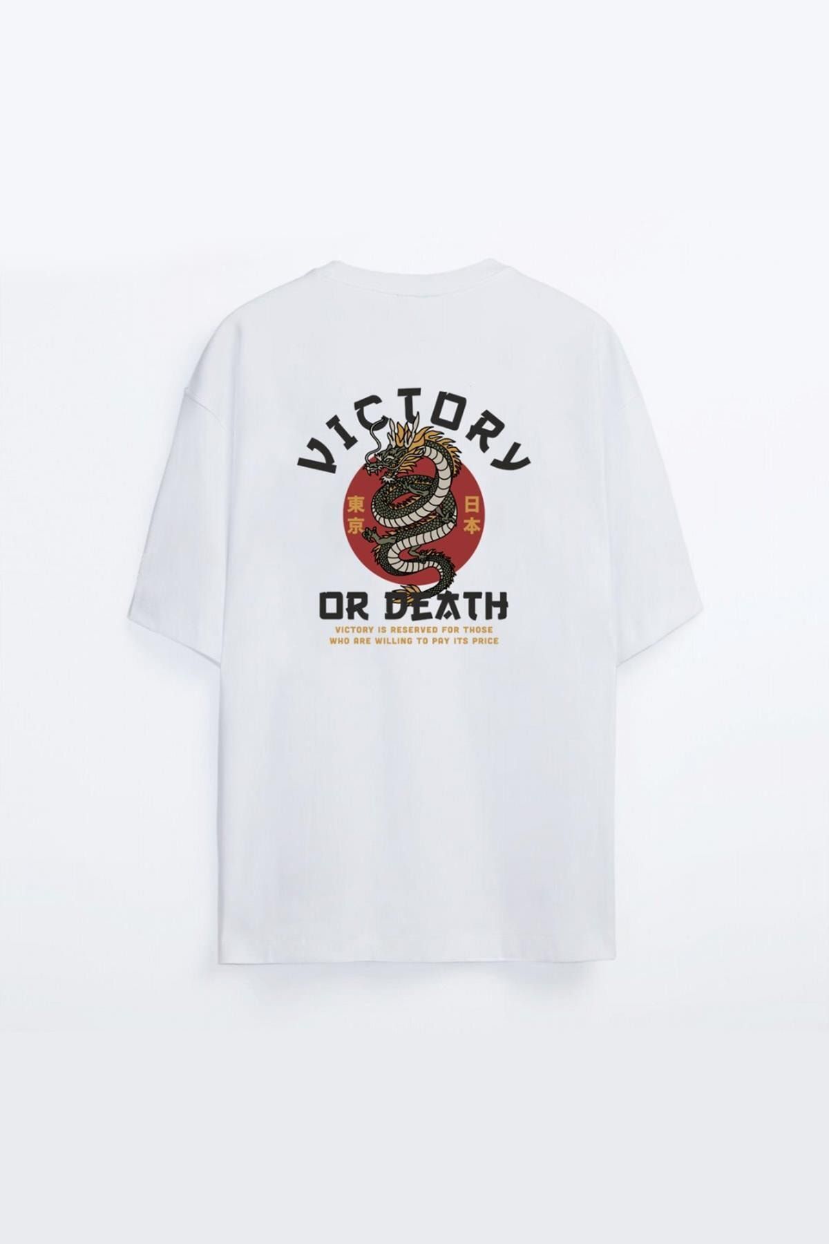 Oksit Unisex Beyaz Victory Dragon Baskılı Oversize T-Shirt