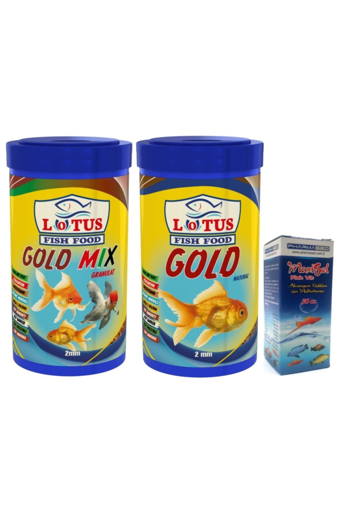 Lotus Japon Balığı Yem, Vitamin Seti, 100 Ml Gold Natural, 100 Ml Gold Mix, Vitamin