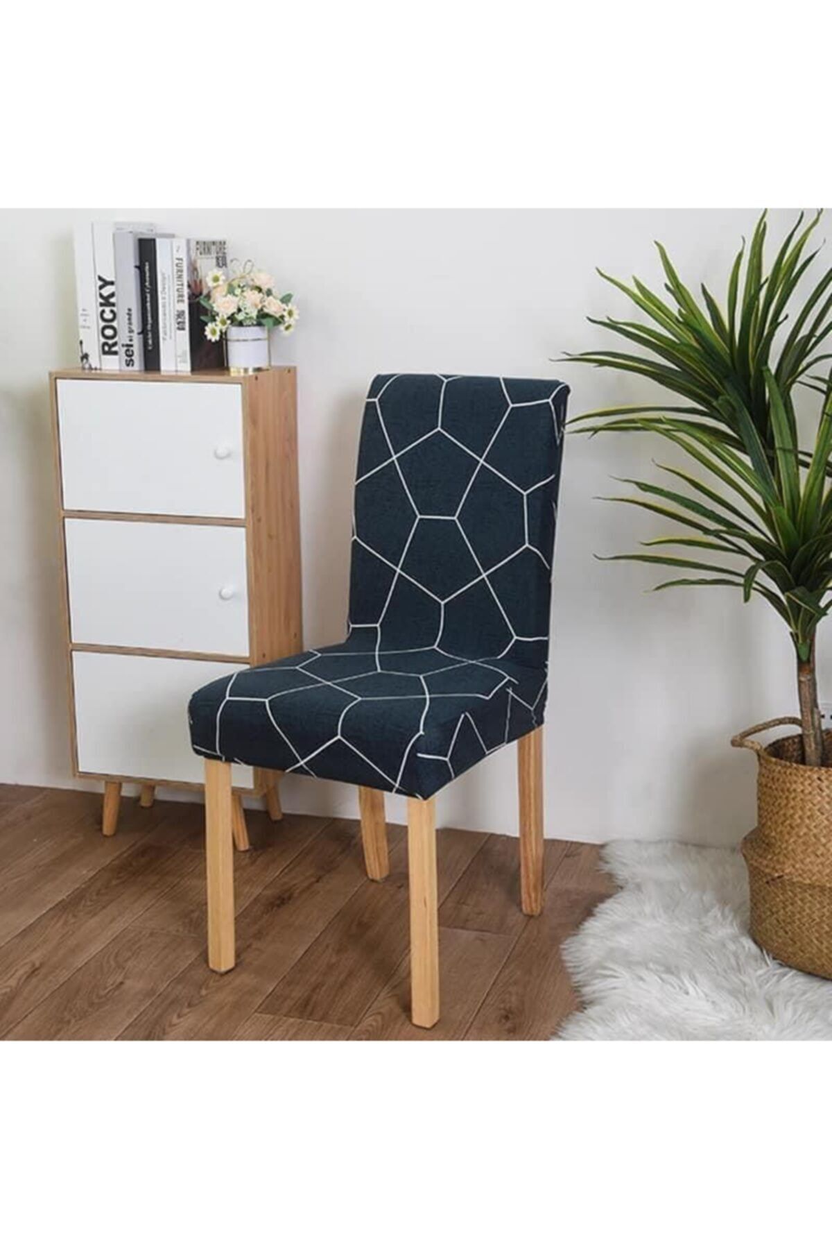 elgeyar Desenli Kadife Sandalye Kılıfı Likrali Lastikli Standart Gri Geometrik Desen 1 Adet Mavi