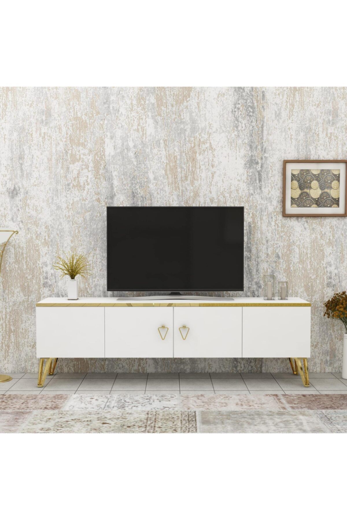Arnetti Tv Ünitesi Beyaz Altın Bant Gold Kenarlı 4 Kapaklı 150 Lik Tv Sehpası - Caprice