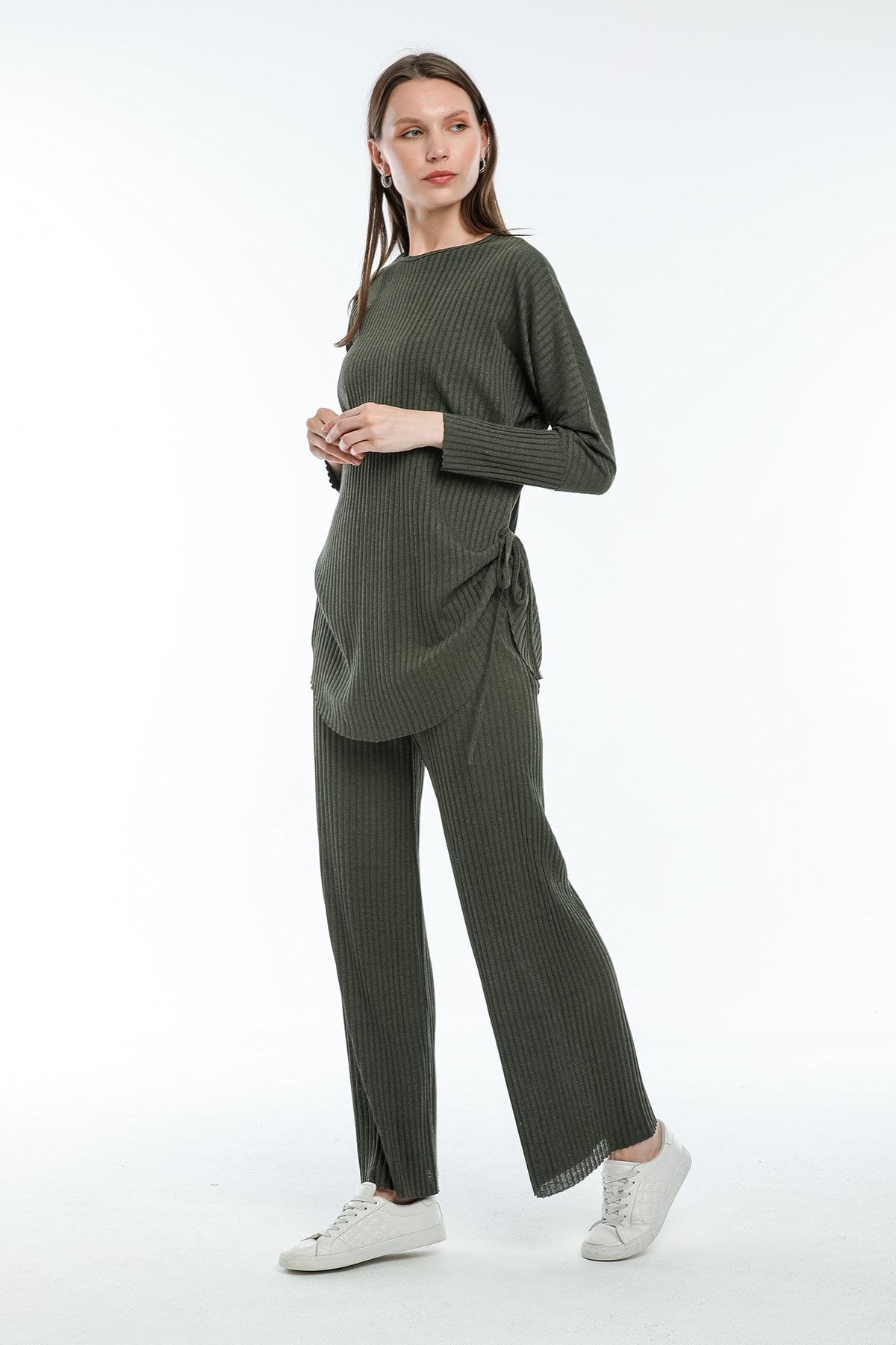 Zoze Tekstil Kadın Haki Yanları Bağcıklı Tunik Pantolon Takım