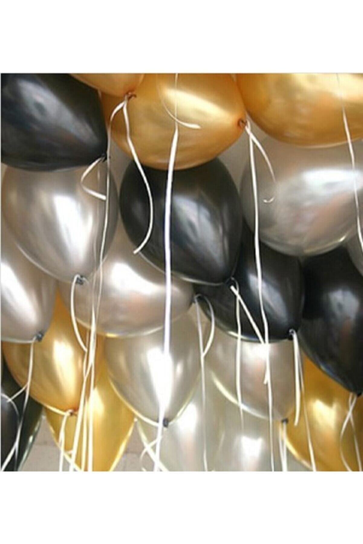 Deniz Party Store Metalik Balon 12 " Inç 25 adet Metalik Gri Gold Pastel Siyah Set