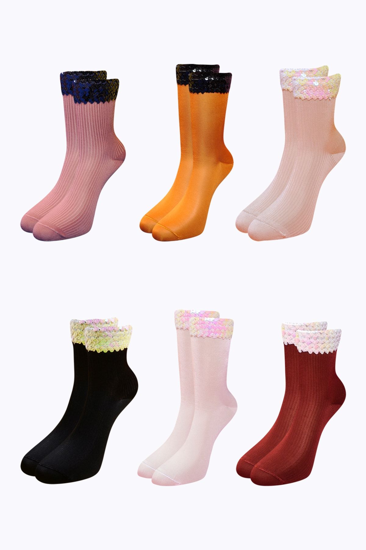 Socks Academy Payetli Çok Renkli Floş Çorap Altılı Kutu