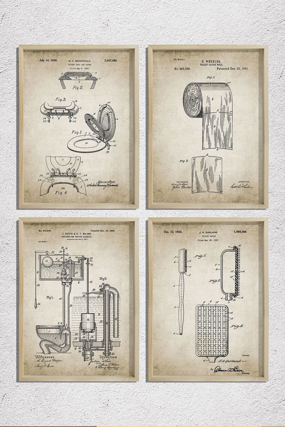 Dekor Loft Doğal Çam Çerçeveli Duvar Tablosu Antik Tuvalet Ekipmanları Patenti 1891