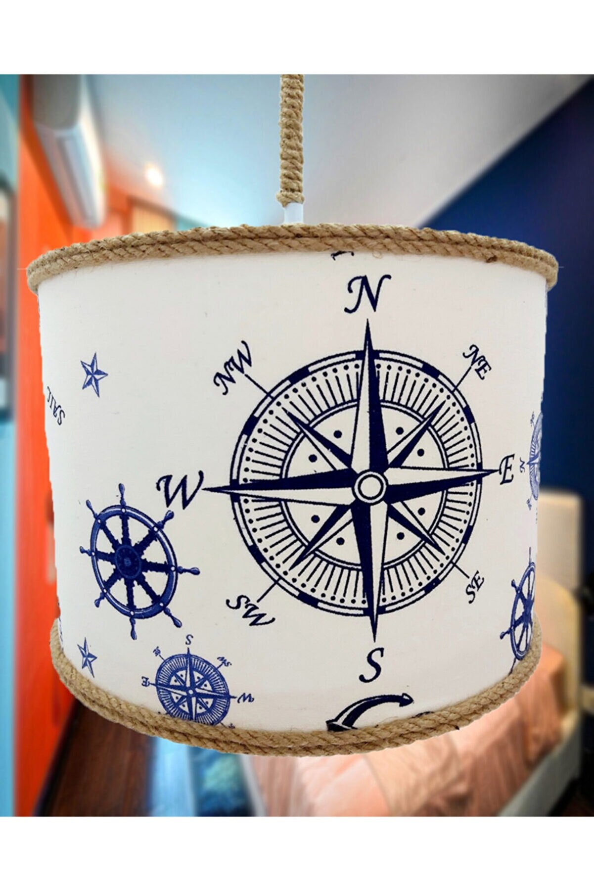 uyuMamy Halatlı Pusulalı Gemili Denizci Avize Genç Bebek Çocuk Odası Gemi Pusula Desenli Sarkıt Abajur
