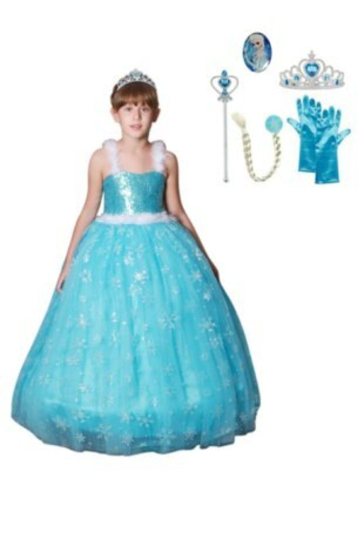BUTİKHAPPYKİDS Kız Çocuk Mavi Elsa Kostümü Askılı Abiye Kasnaklı Kız Çocuk Elbise