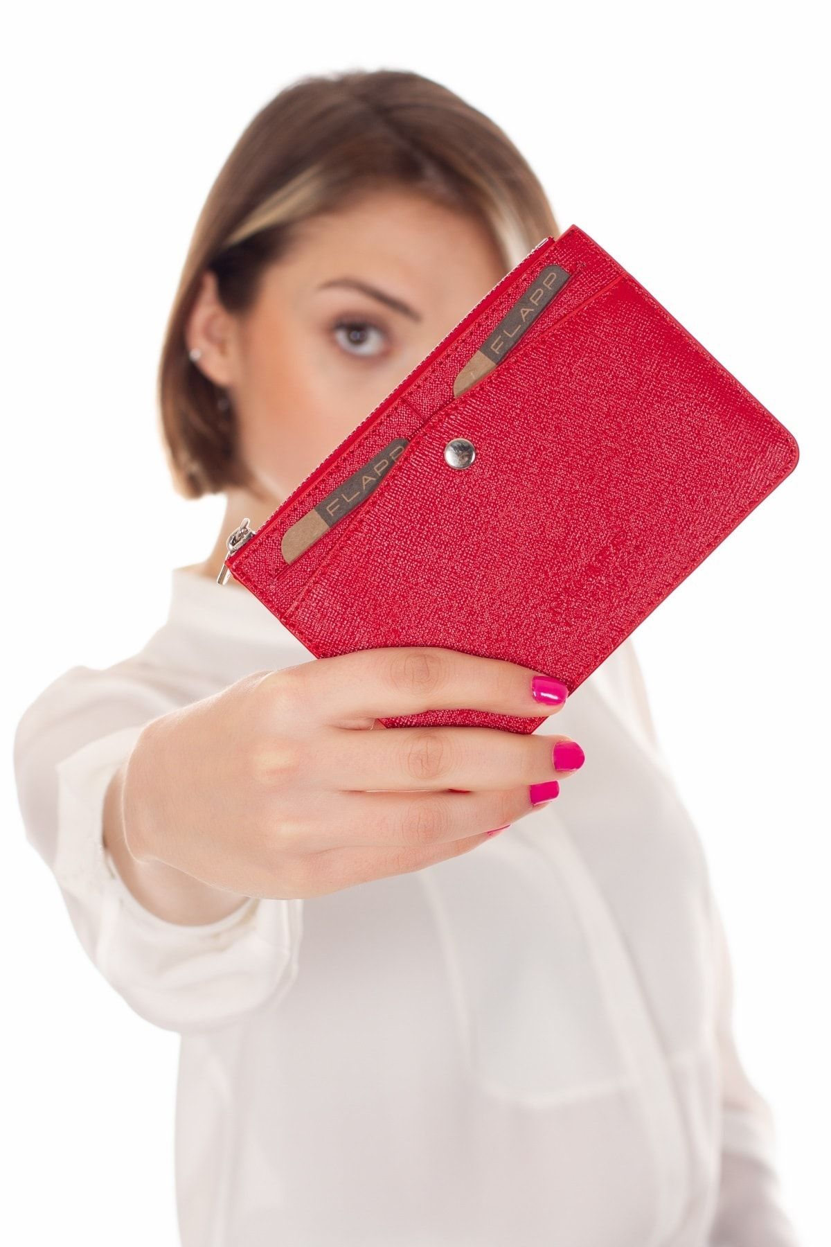 Flapp Deri Kırmızı Desenli Rfıd Korumalı Engelleyici Fermuarlı Bozukpara Gözlü Çanta Cüzdan