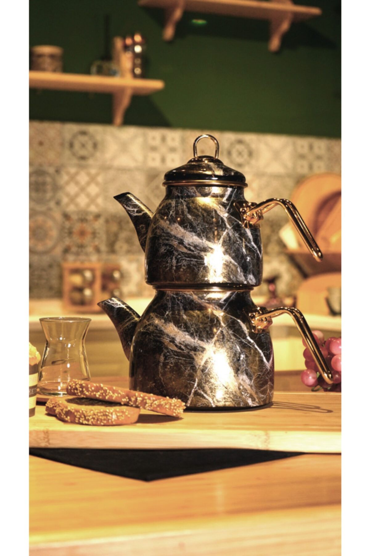 Taşev Kanuni Çaydanlık Takımı Mermer Desenli Gri -t3943