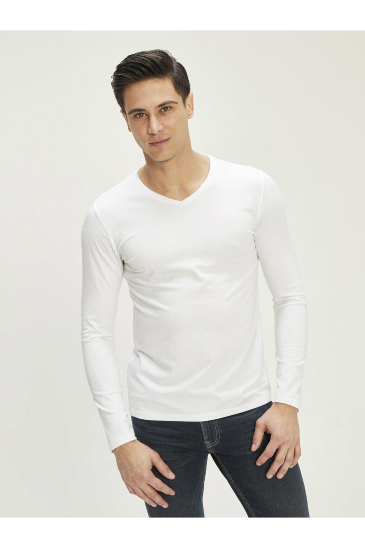 Xint Erkek Beyaz V Yaka Modal Uzun Kollu Basic Tişört