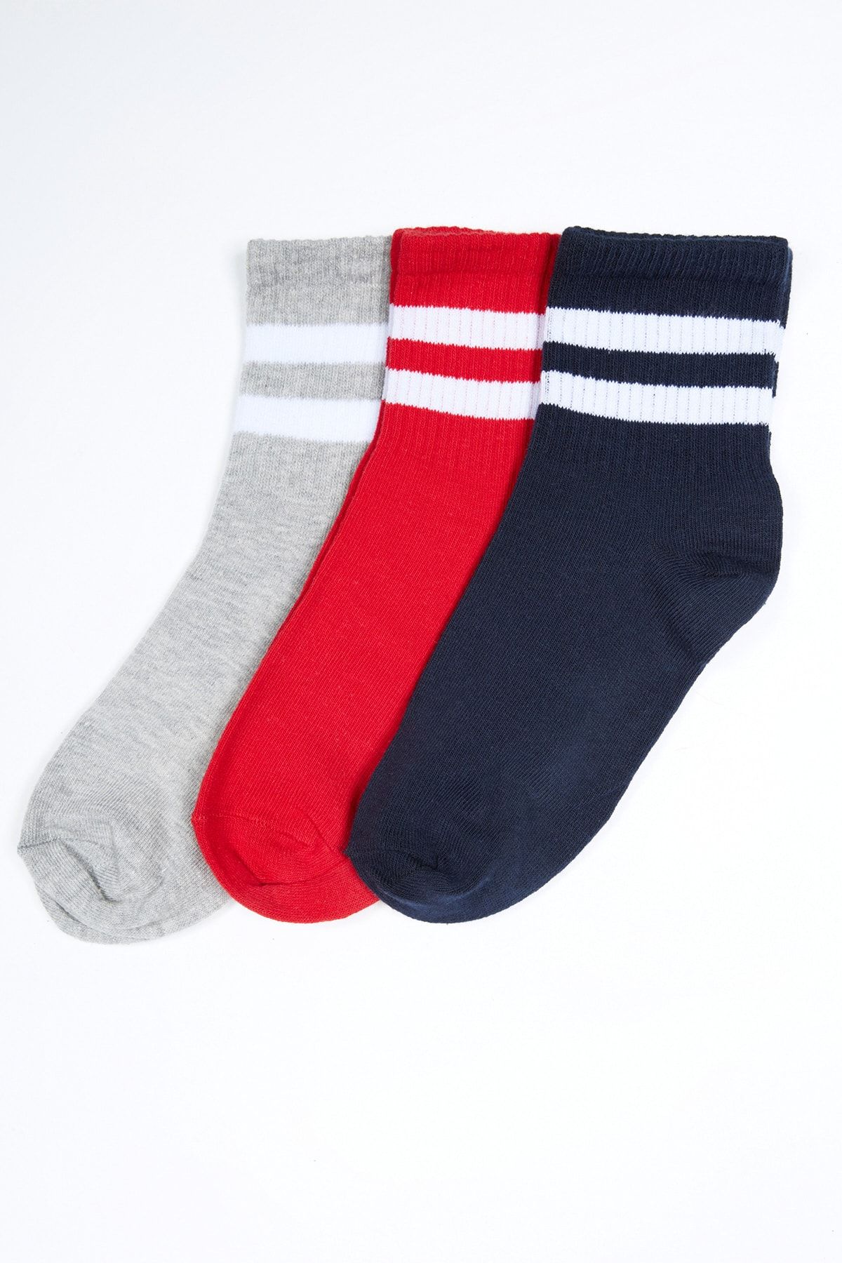 TRENDYOLMİLLA Lacivert Çizgili 3'lü Paket Pamuklu Örme Soket Çorap TWOAW20CO0054