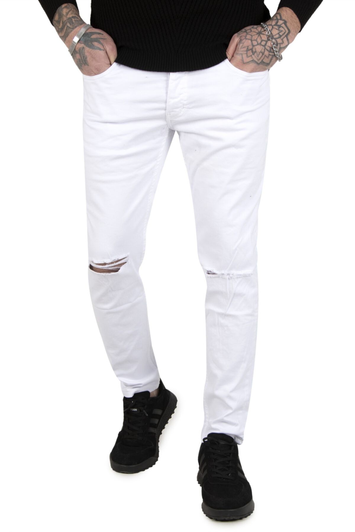 DeepSea Erkek Beyaz Boru Paça Dar Kesim Kot Pantolon