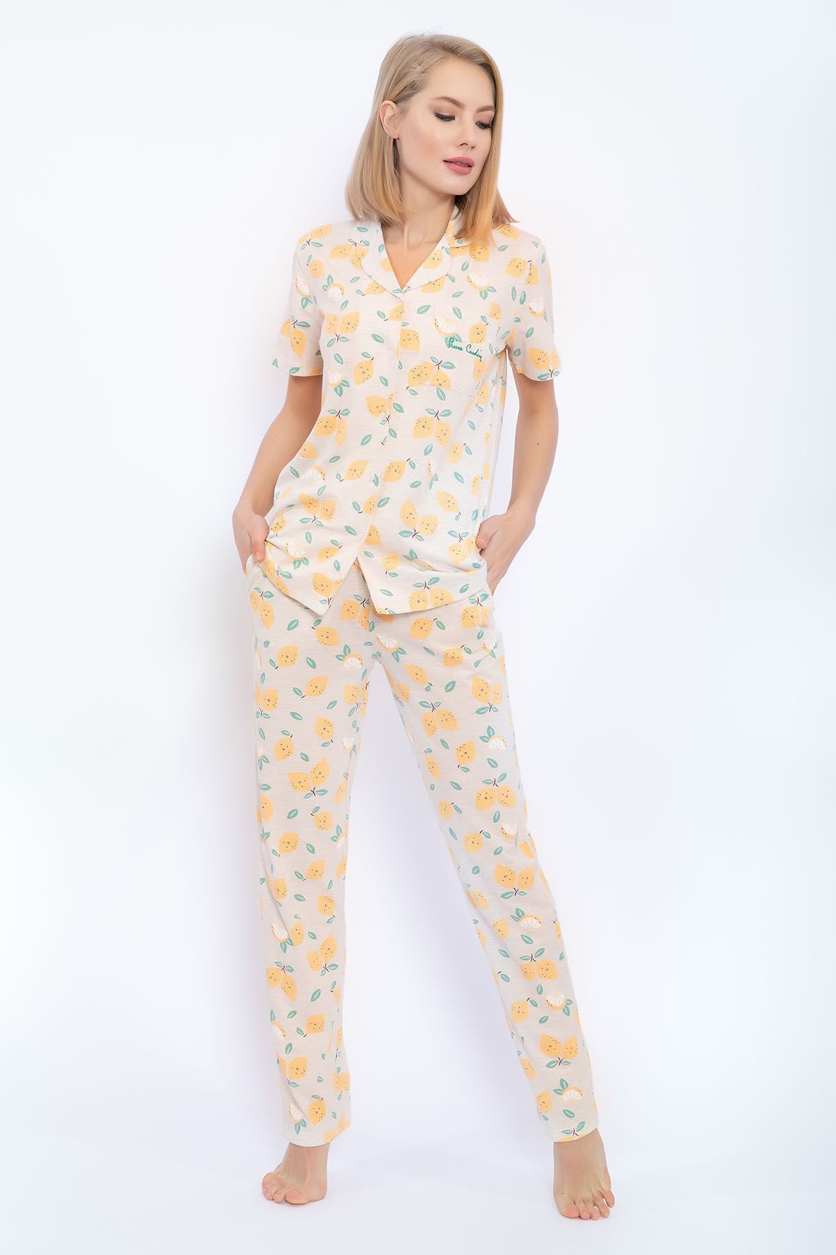 Pierre Cardin Lemons Kremmelanj Slim Fit Gömlek Pijama Takımı
