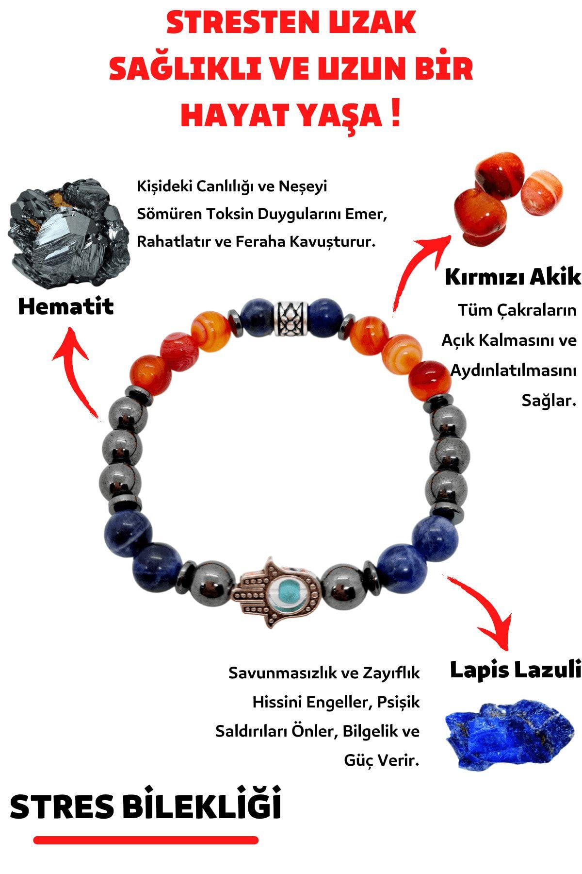Gümüştel Sertifikalı Stres Doğaltaş Tılsım Bilekliği Kırmızı Akik Hematit Lapis Lazuli Doğal Taş Bileklik