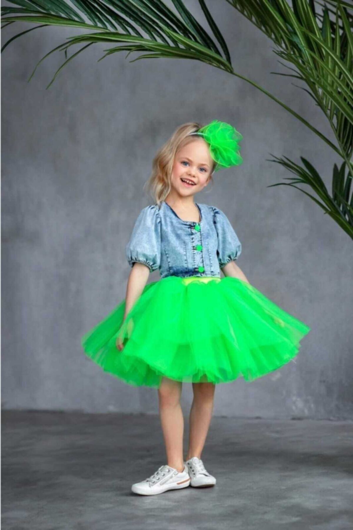 Lolliboomkids Kız Çocuk Fosforlu Neon Yeşil Tütü Etek Ve Crop Kot Ceket 2'li Takım Yeni Sezon Tarz Moda