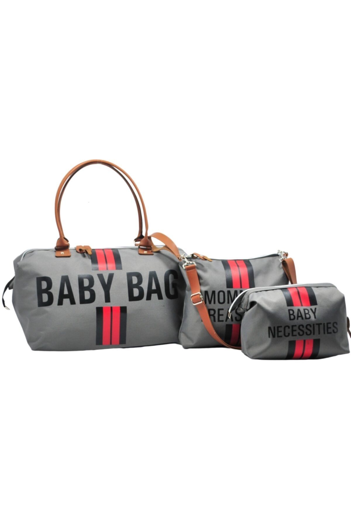 Babysi Baby Bag Tasarım Çizgili 3 Lü Set Gri Anne Bebek Bakım Ve Kadın Çantası