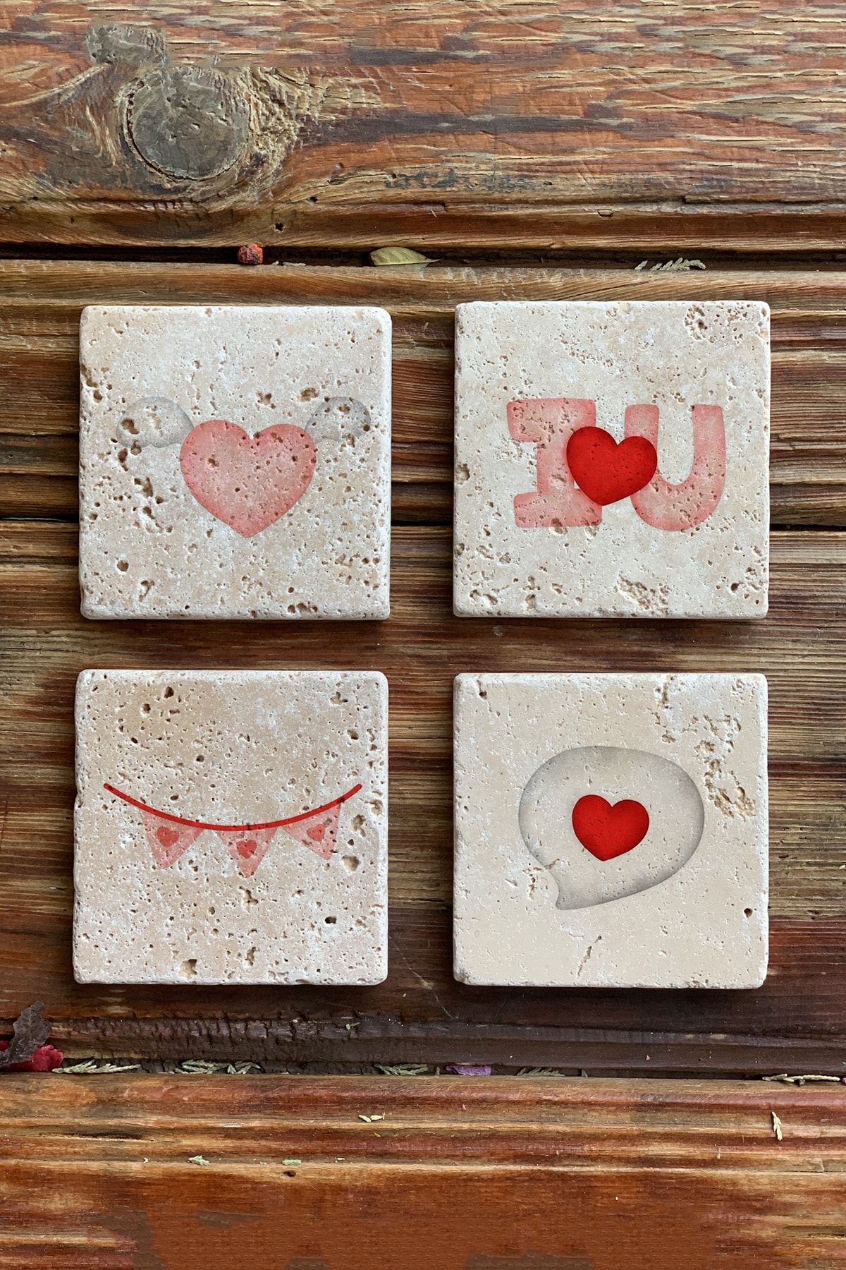 Oscar Stone Decor Taş Bardak Altlığı Stone Coasters - Sevgililer Günü / Kalp