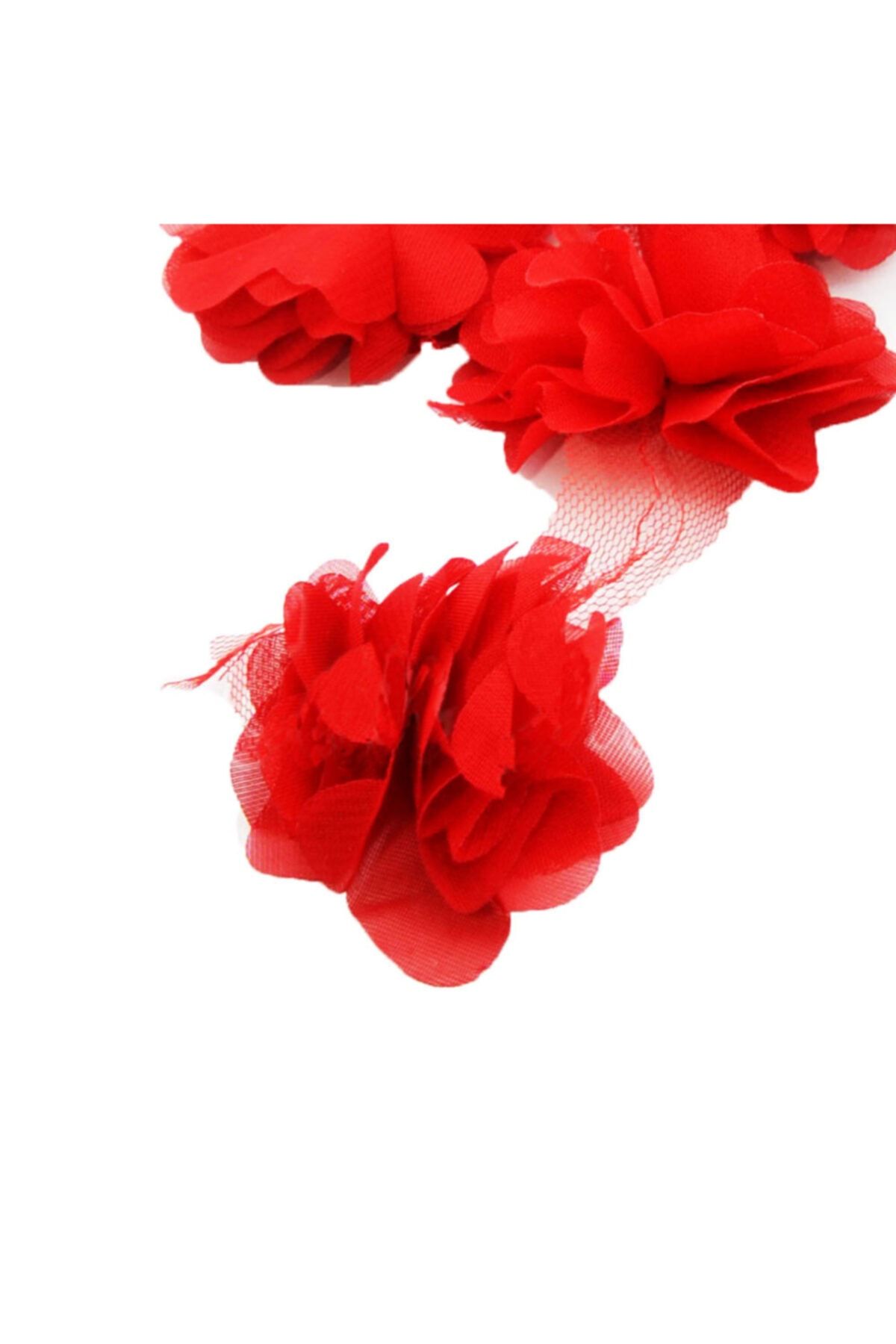 Aker Hediyelik Kırmızı 1m Gül Lazer Kesim Çiçek 12-13 Adet Organze Tül Kenar Süsü Tekstil Tasarım Kumaşı Yapay Süs