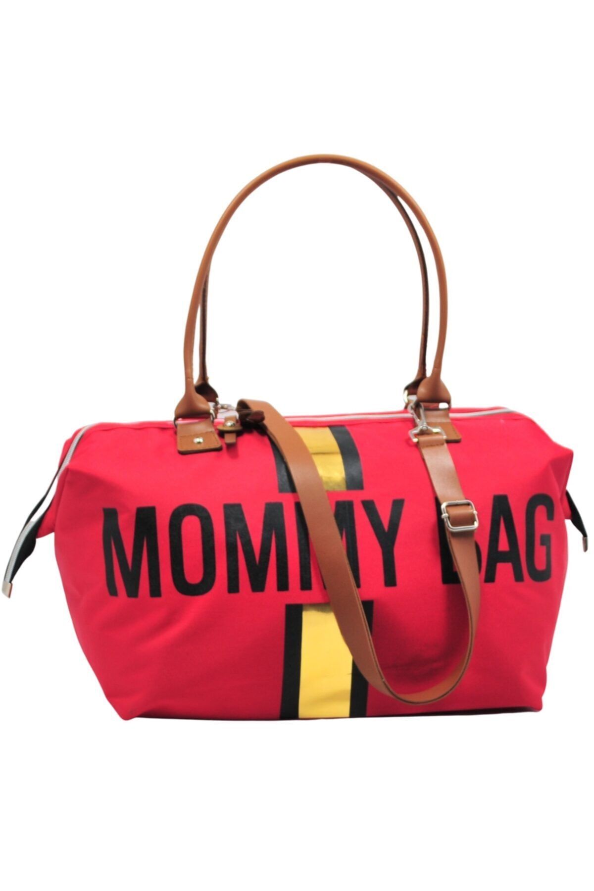 Babysi Mommy Bag Exclusive Tasarım Altın Çizgili Kırmızı Baby Anne Bebek Bakım ve Kadın Çantası