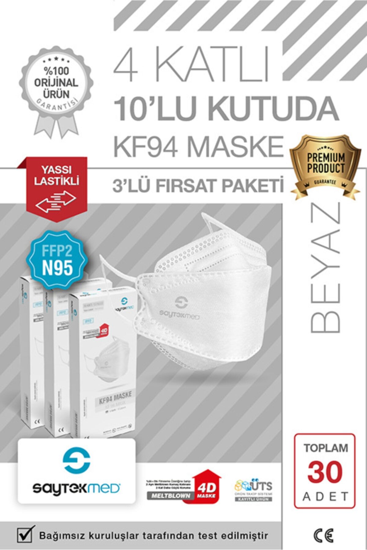 SAYTEKMED N95/FFP2 Kore Tipi, 4 katlı, BEYAZ Maske, Tekli Paket, UV Steril (3 Kutu / 30 Adet)