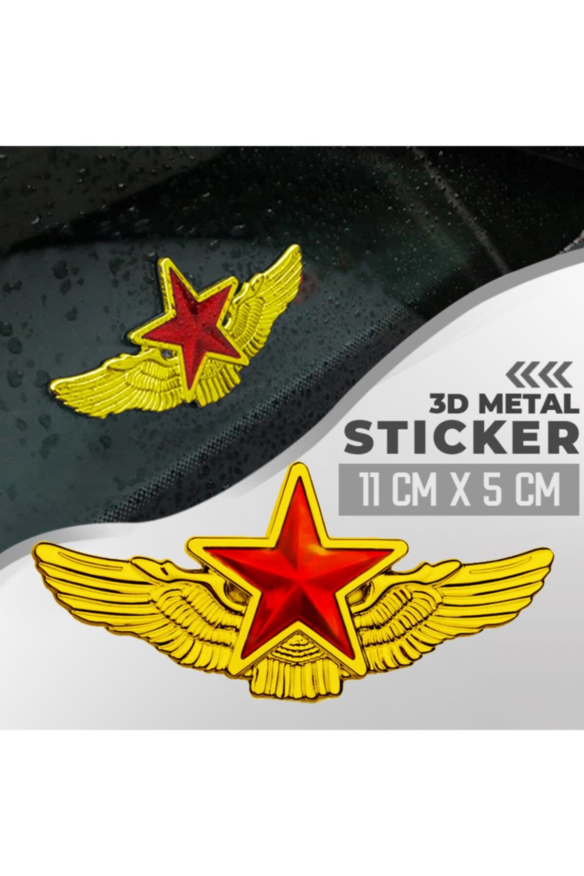 C9 Metal Yıldız Altın Renk Paslanmaz Metal Arma Sticker Yapışkanlı 11 Cm X 5 Cm
