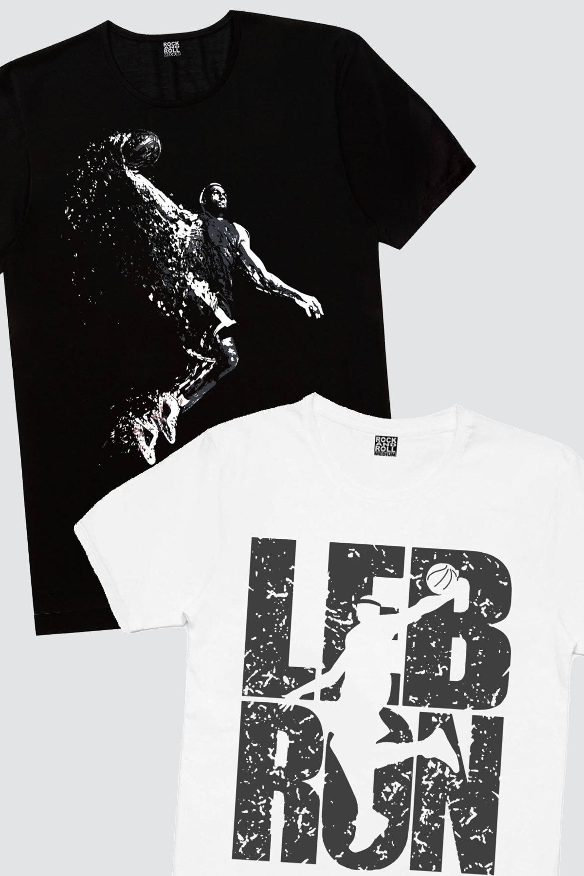 ROCKANDROLL Erkek Siyah Pro Smaç, Beyaz Lebron Yazı 2'li  Eko Basket Paket T-shirt
