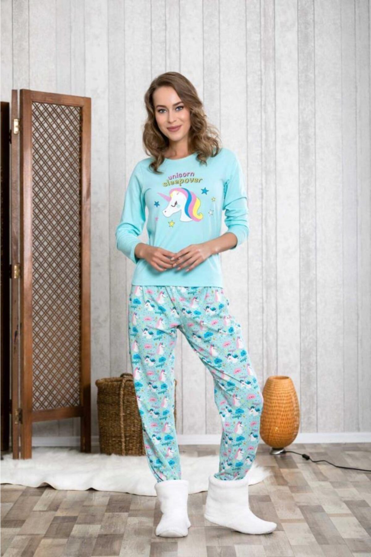 LİNGABOOMS Kadın Turkuaz Polar Unicornlu Pamuklu Pijama Takımı 1001