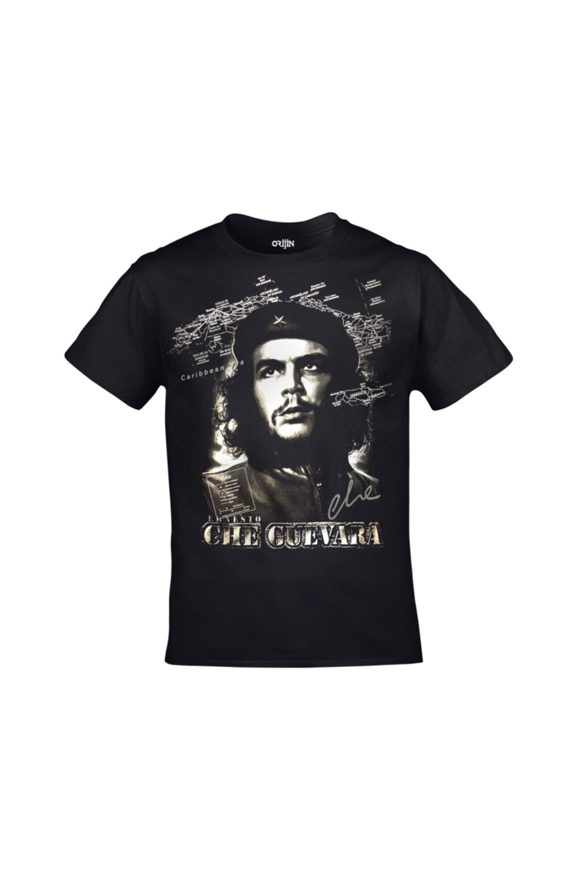 Orijin Tekstil Unisex Siyah Ernesto Che Guevara Harita Baskılı Tshirt