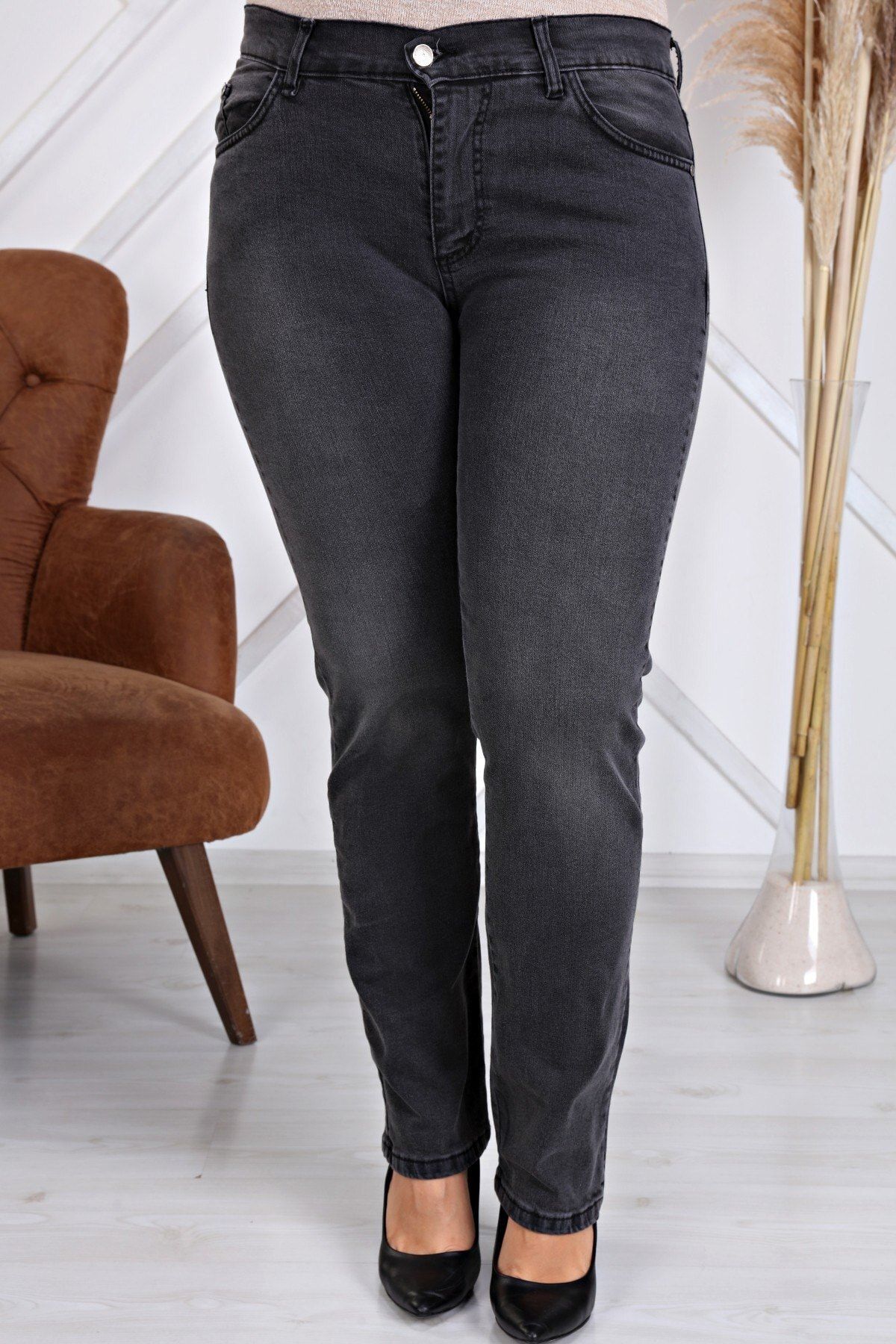 Gül Moda Kadın Antrasit Yüksek Bel Boru Paça Kot Pantolon Jeans G035-1