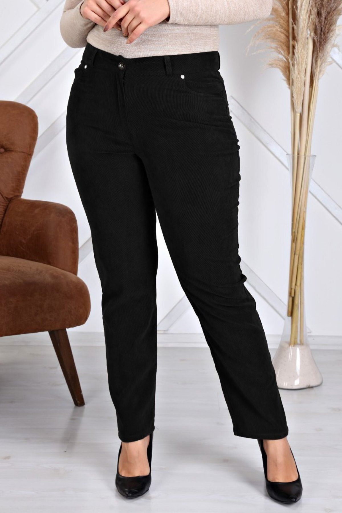 Gül Moda Kadın Siyah Büyük Beden Likralı Fitilli Kadife Pantolon G047-2
