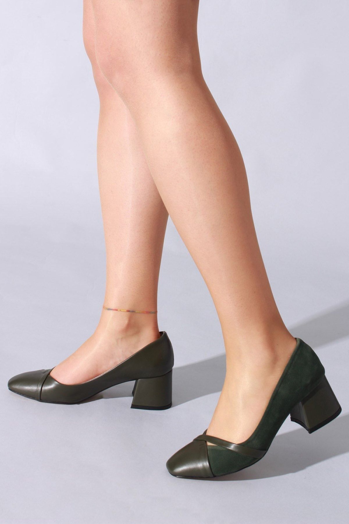 Rovigo Kadın Haki Cilt Süet Günlük Topuklu Ayakkabı