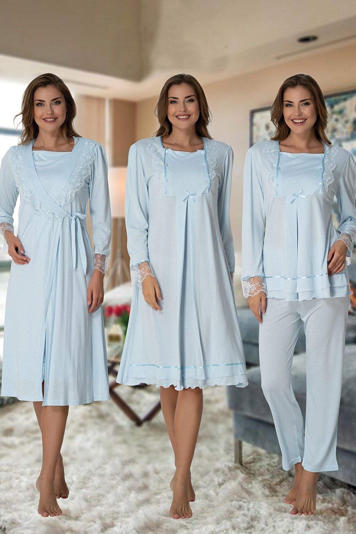 Effort Pijama Kadın Mavi Kolay Emzirme Özellikli Lohusa Hamile 4'lü Set 2020