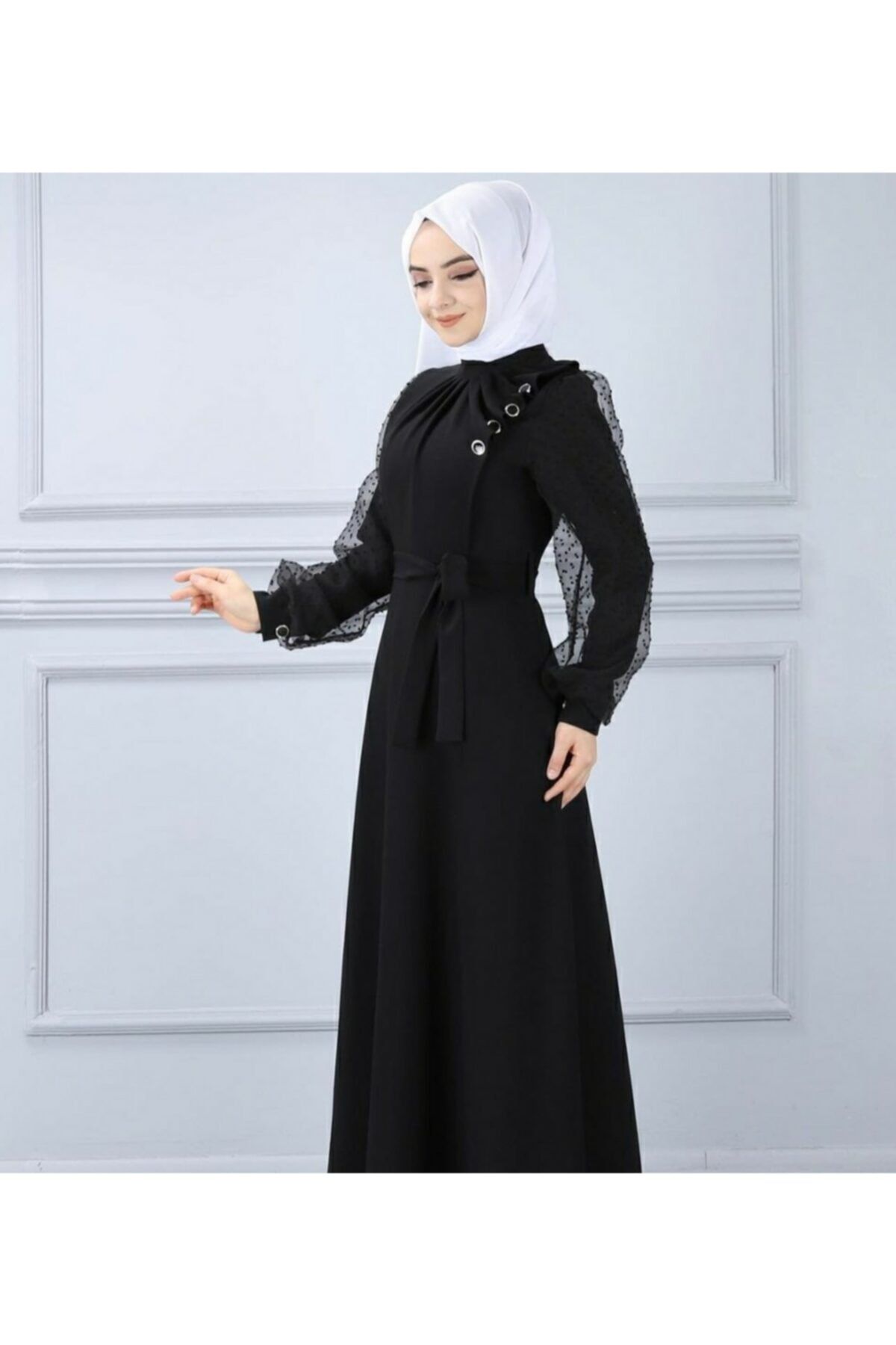 TMR Kadın Siyah Kolları Tül Detaylı Krep Elbise