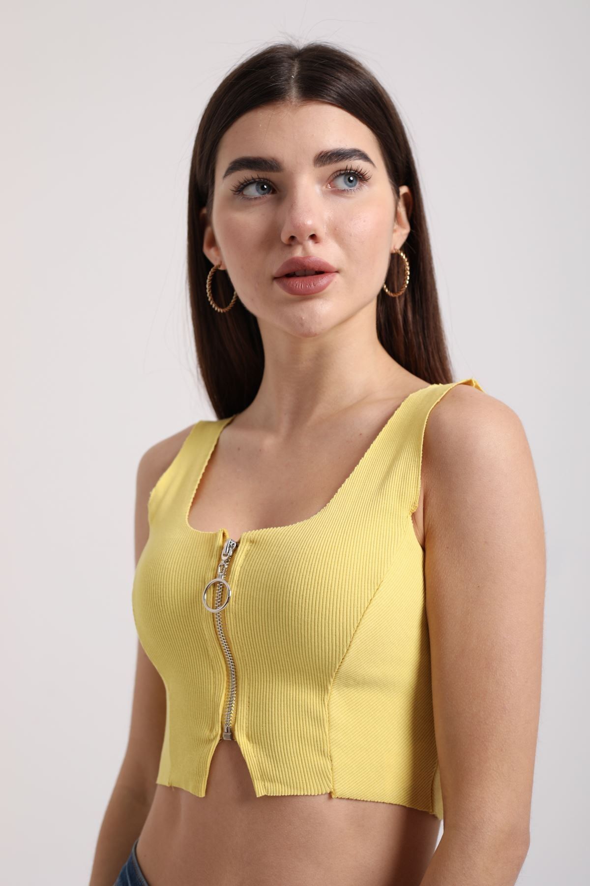 Kokosh Kadın Sarı Önü Fermuarlı Fitilli Crop Bluz
