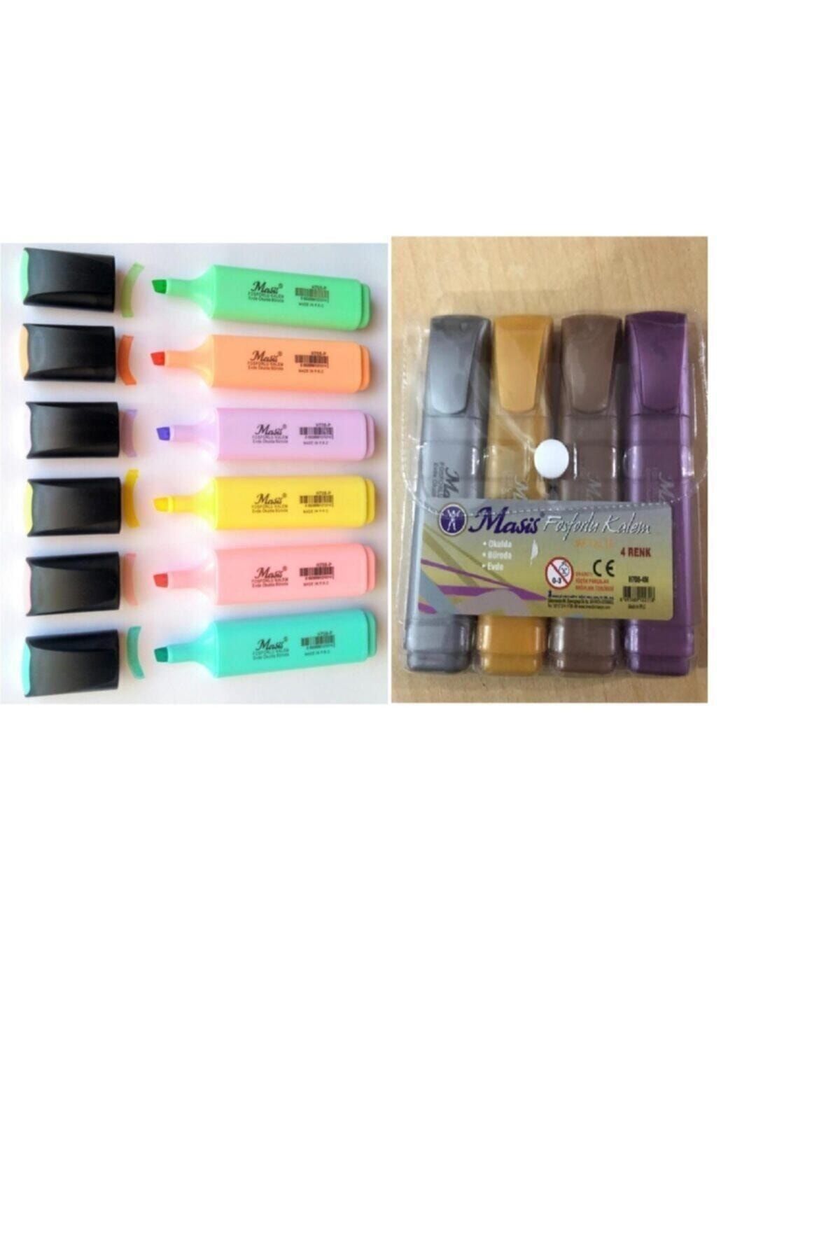 Masis Pastel Renkler Fosforlu Işaretleme Kalemi + Metalik Fosforlu Kalem 10 Renk Set